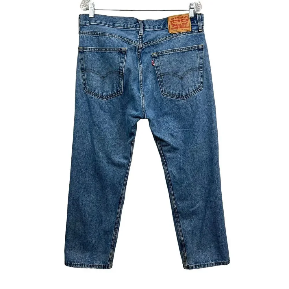 Levis Mens 505 Jeans Straight Leg 5 Pocket Zip Fly Mid Rise Blue Wash SZ 36X29*